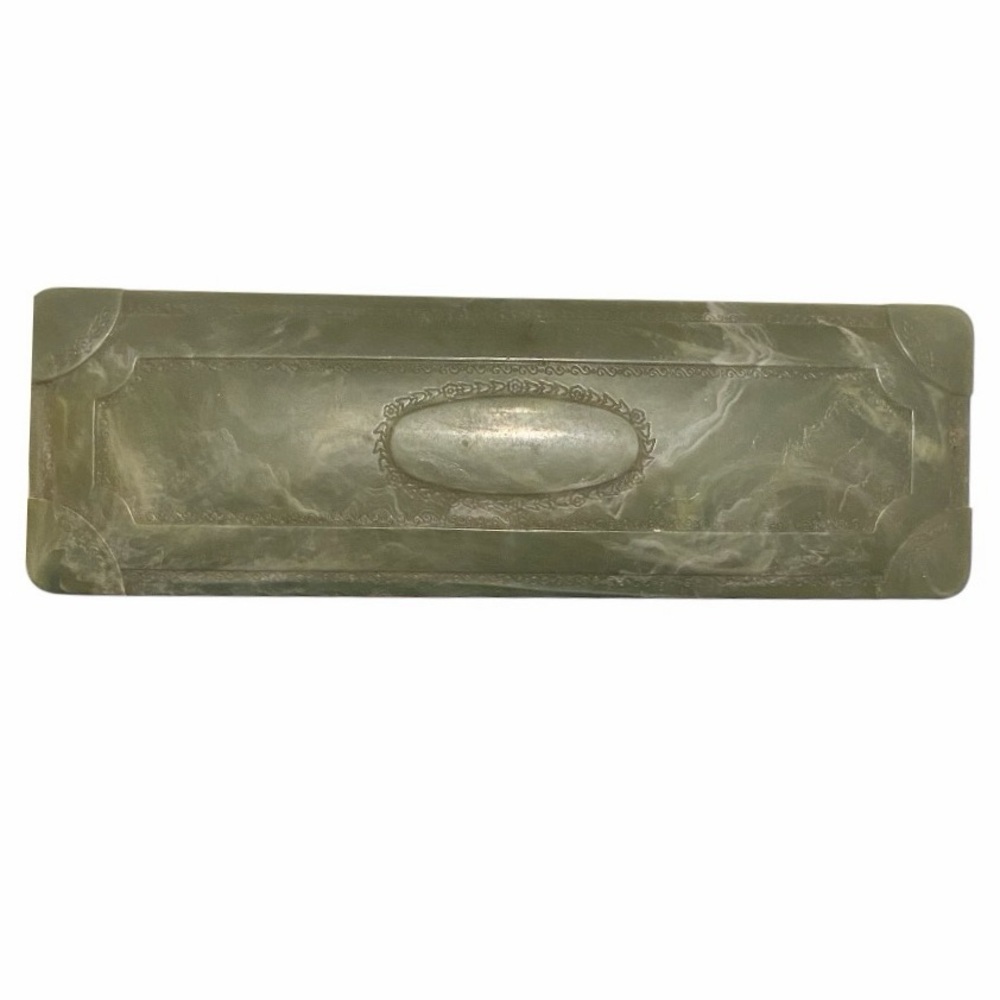 Vintage Coro Jade Green Marbled Plastic Jewelry Box Filigree Details Mid Century